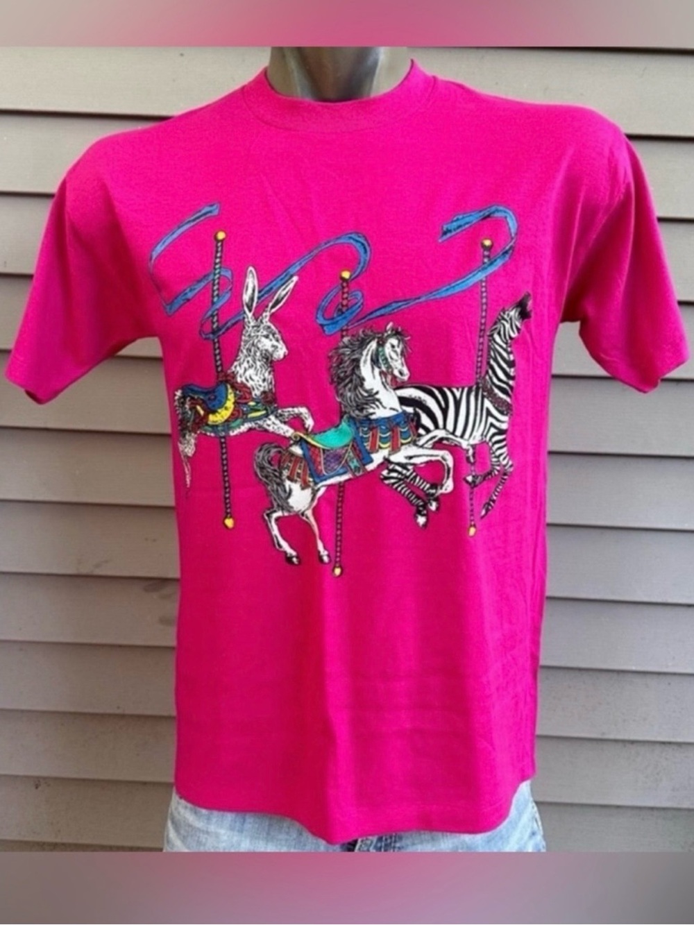 Vintage carousel tshirt pink 90s zebra NOS